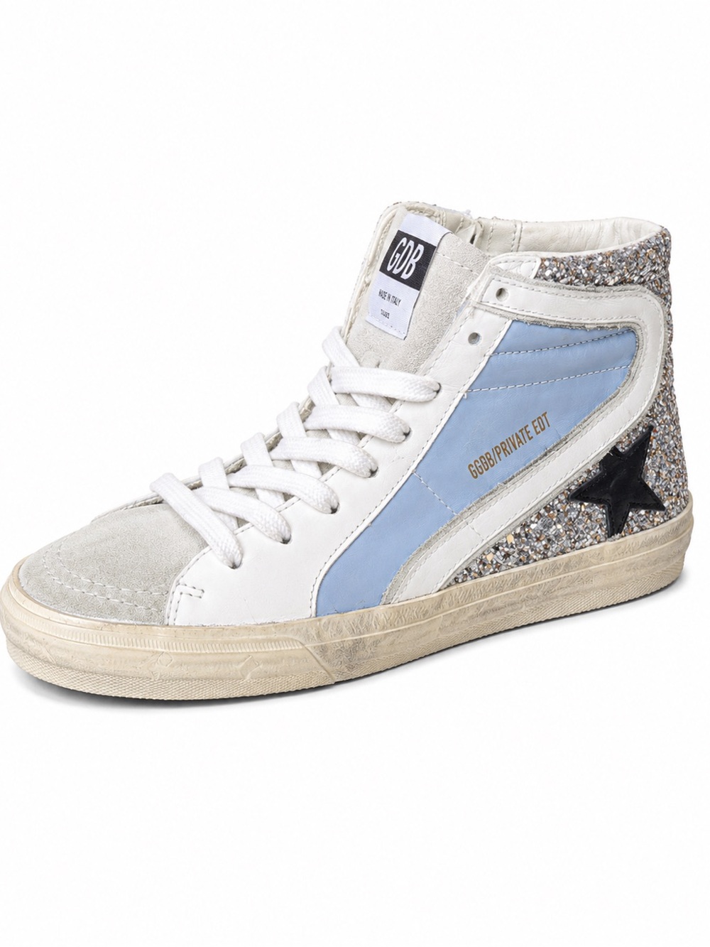 Golden Goose High-Top Sneaker in White & Light Blue with Glitter Star